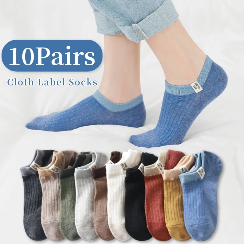 Women Cute & Comfortable College Style Socks, 10 Pairs of Spring and Summer Letter Slogans Fabric Label Socks