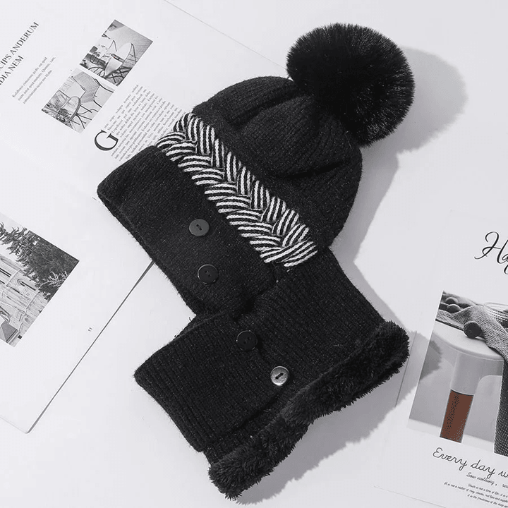 Womens Plush Fur Lined Winter Hat with Pompoms and Windproof Balaclava Design