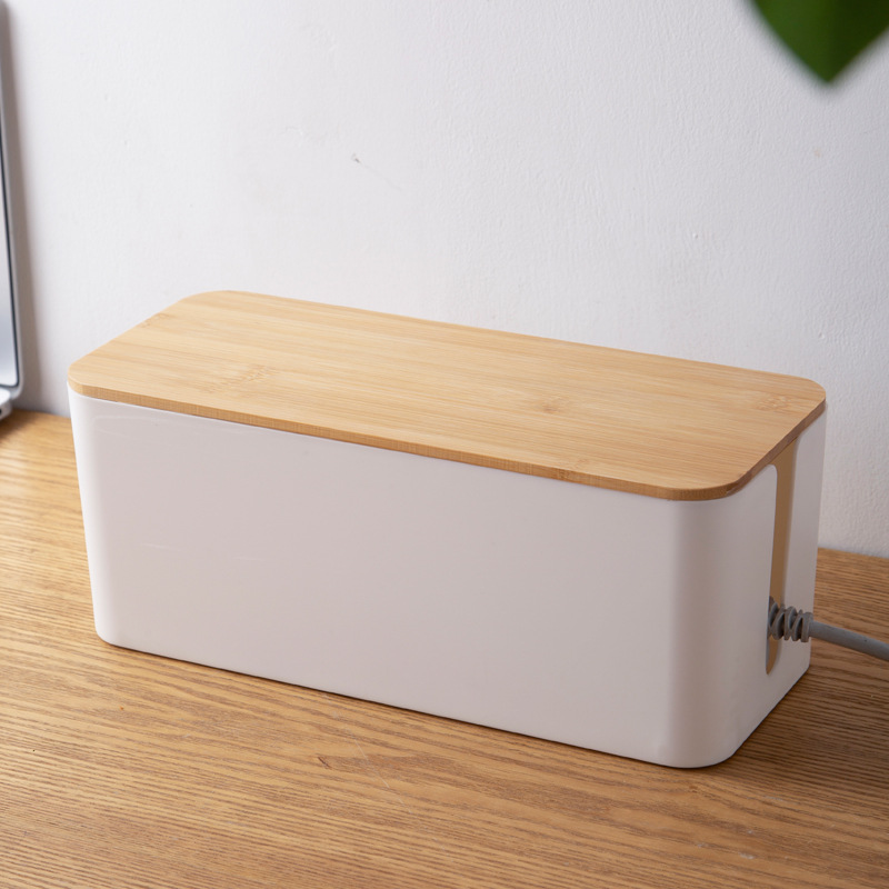 Bamboo Lid Cable Management Box Wire Organizer for Desk Power Strip Storage