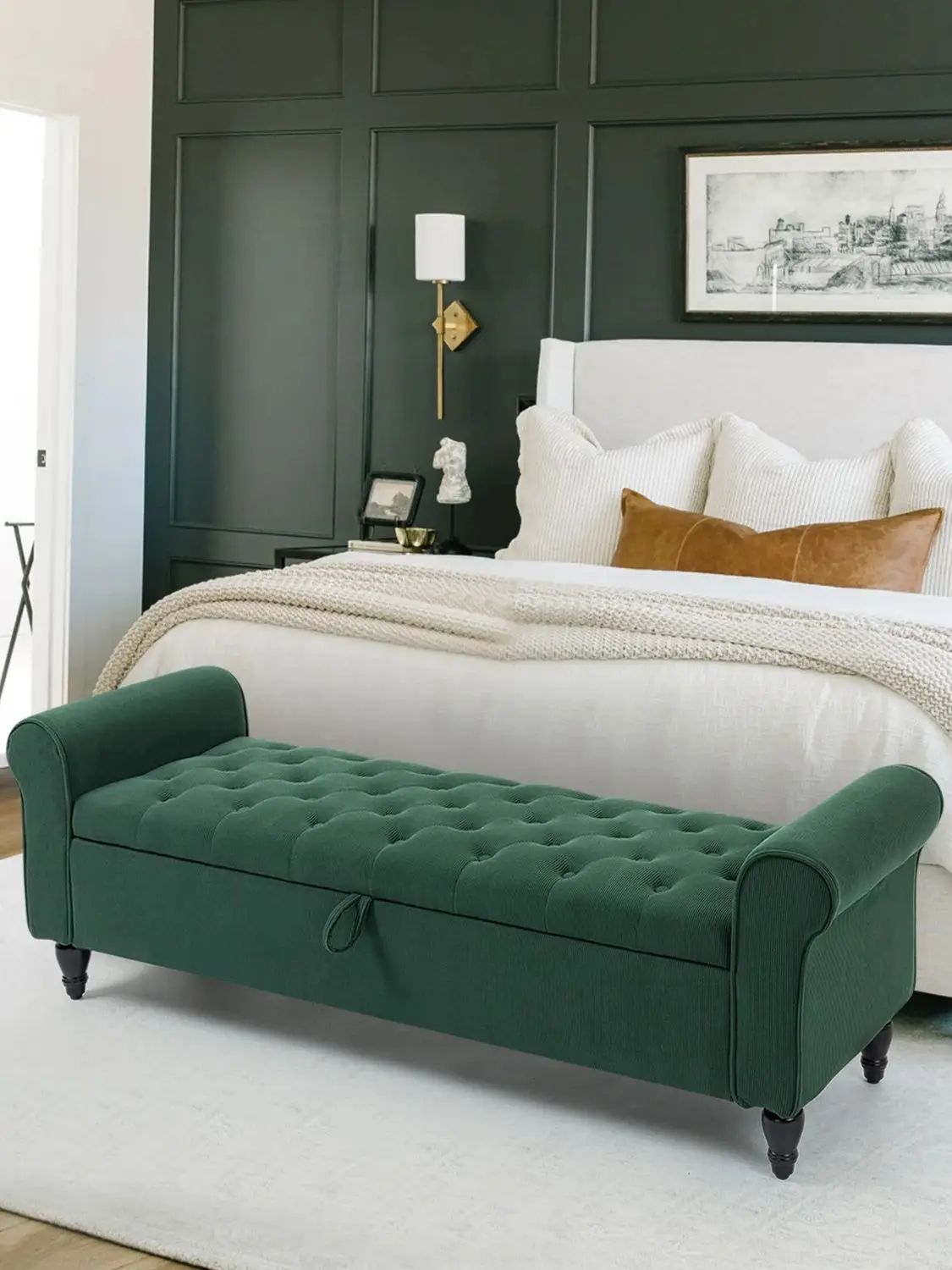 63in Tufted Storage Ottoman Bench – Upholstered End-of-Bed Bench with Hidden Storage & Rolled Arms