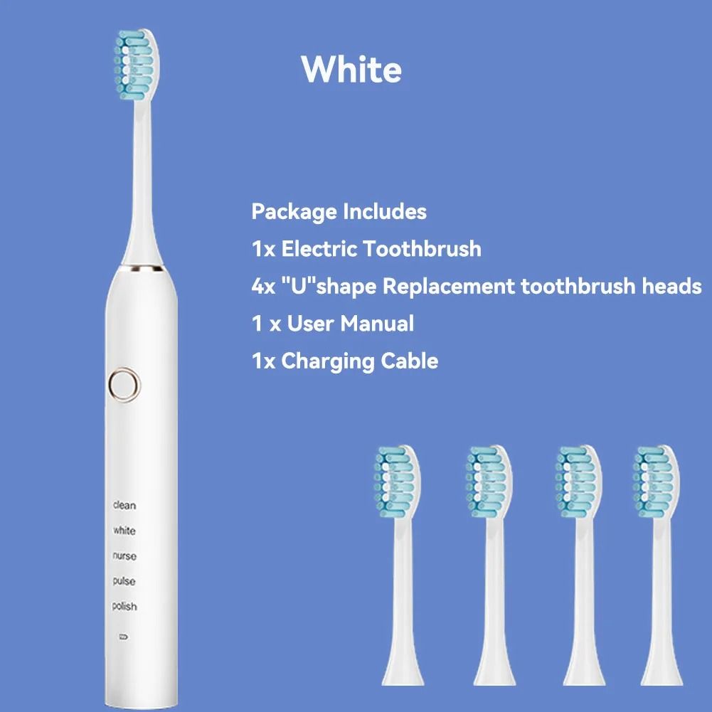Rechargeable Sonic Electric Toothbrush with 4 Replacement Heads 5 Modes 3 Intensities and Smart 2 Minute Timer