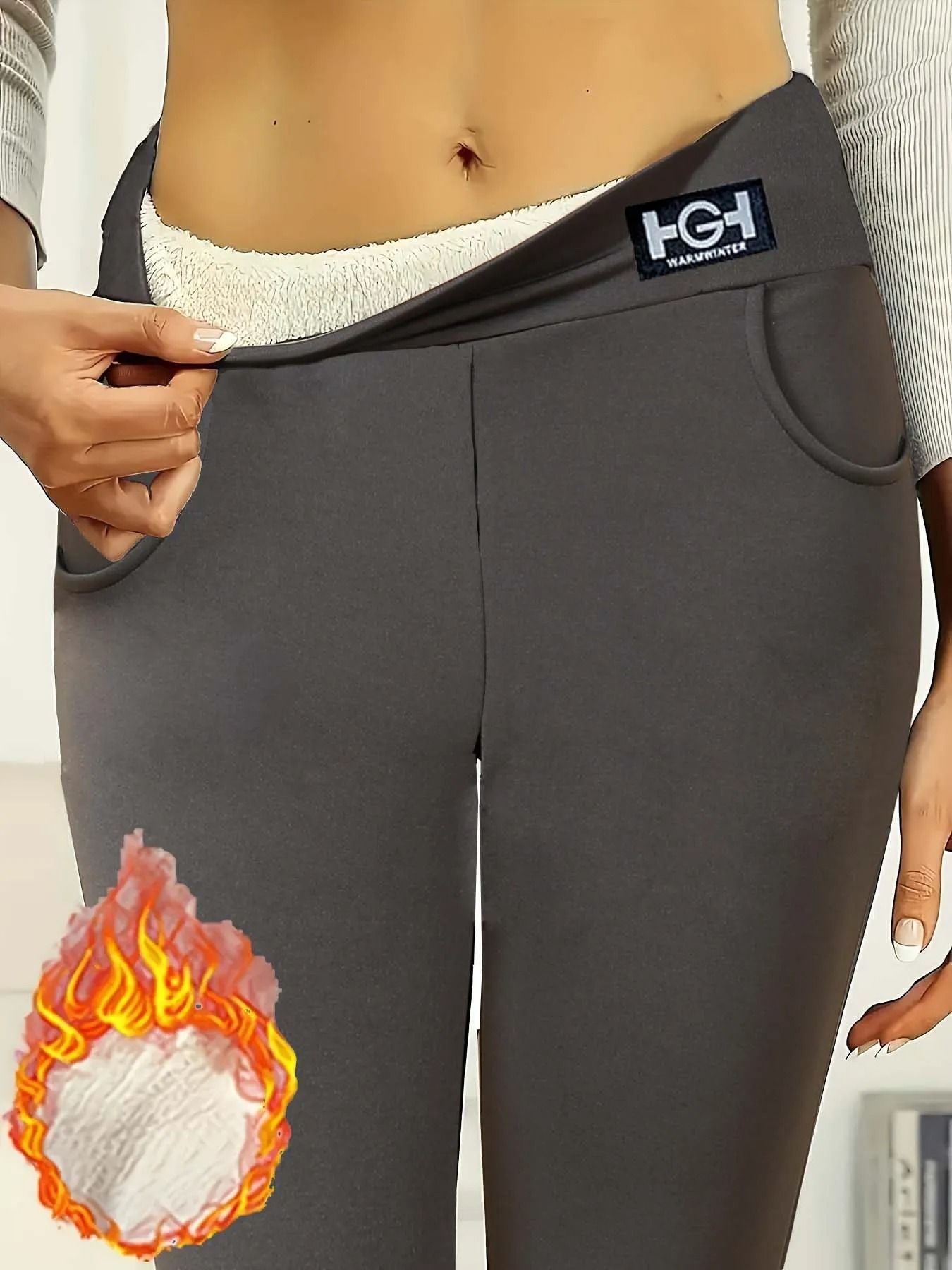 Womens High Waist Thermal Pants Comfortable Elastic Winter Leggings Warm Pocket Casual Trousers