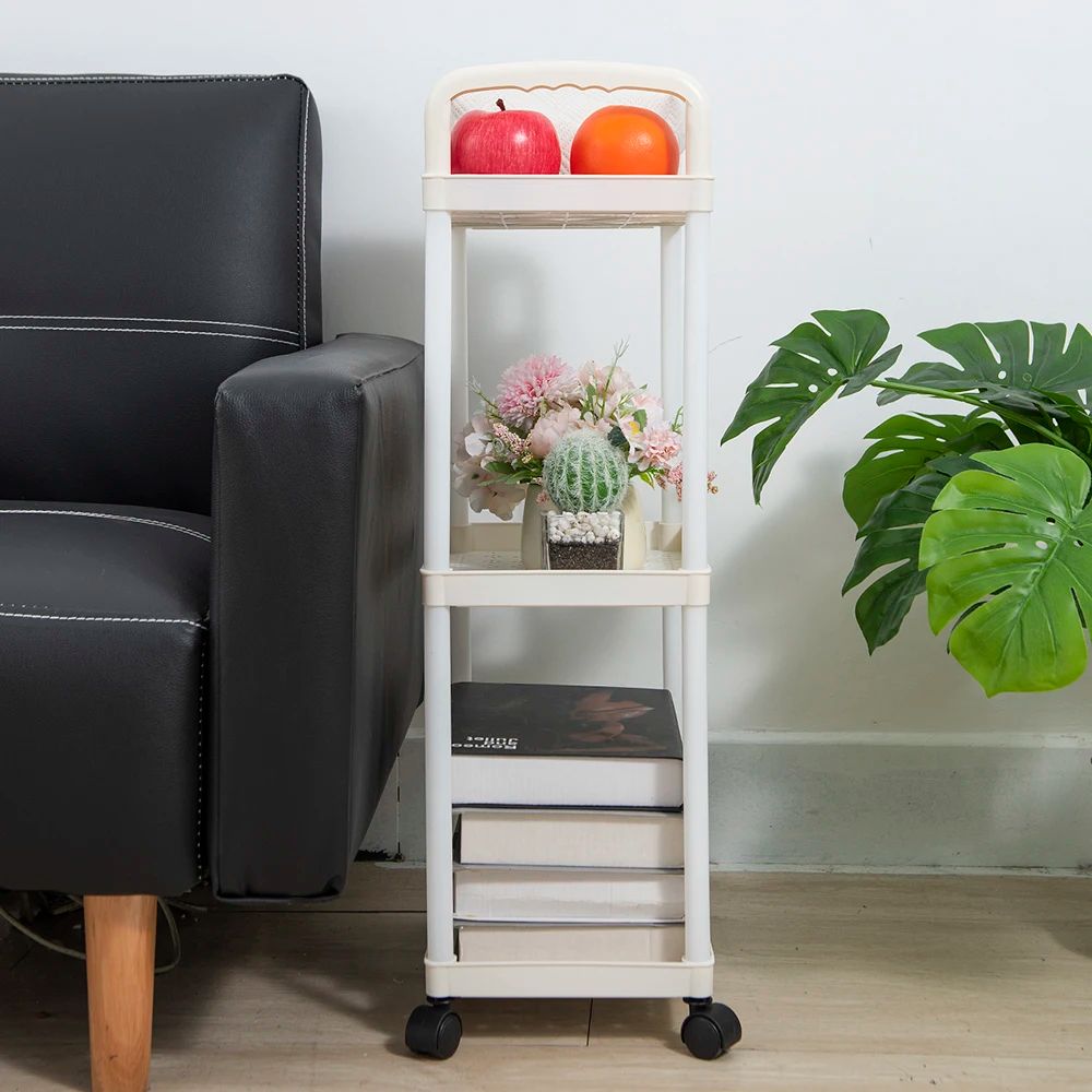 White Rolling Storage Cart 3/4 Tier | Plastic Mobile Organizer Trolley with Wheels & Hooks for Bathroom Kitchen Bedroom