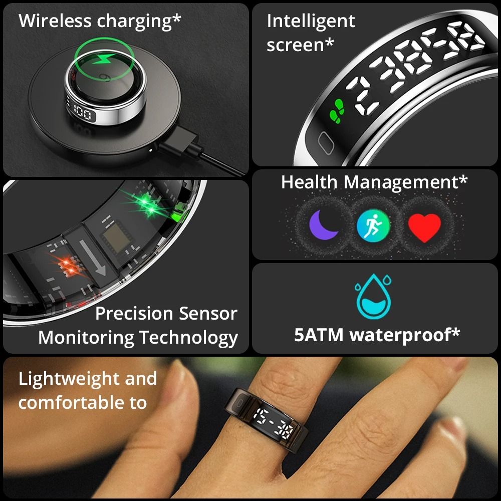 Smart Ring with Display Screen and Wireless Charging Waterproof Fitness Health Tracker