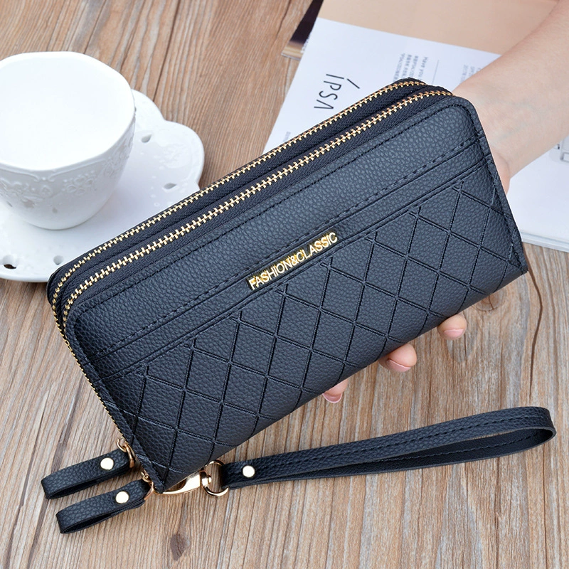 Womens PU Leather Double Zipper Wallet Clutch Large Capacity Wristlet Phone Purse & Card Holder with Money Clip