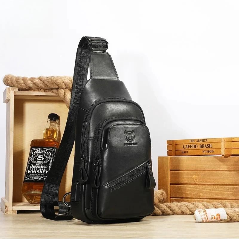 BULLCAPTAIN Mens Leather Chest Bag Large Capacity Casual Crossbody Sling