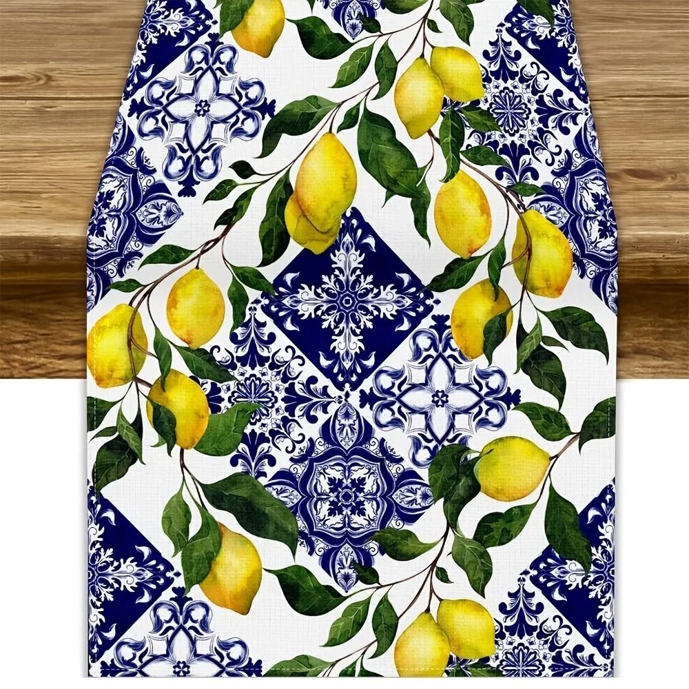 Blue Tile & Lemon Linen Table Runner – High-Definition Summer Mediterranean Decor for Dressers & Dining