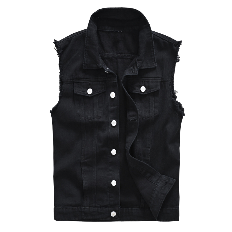 Mens Black Jean Vest, Slim Fit Denim Waistcoat, Fringe Sleeveless Tank Top
