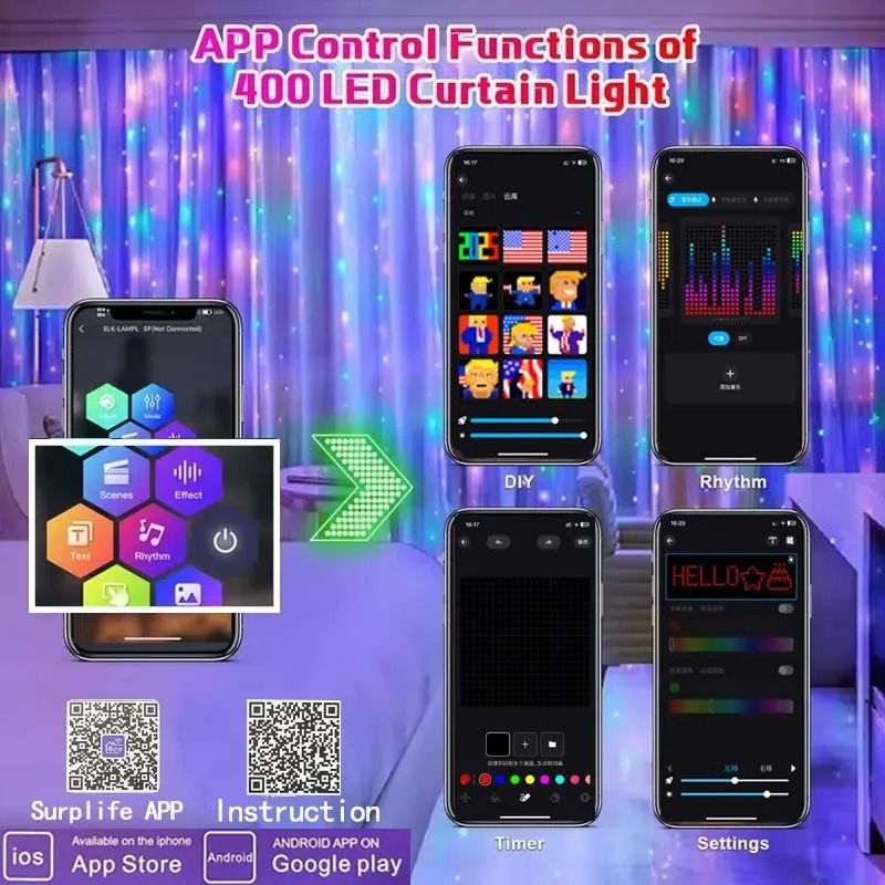 Smart RGB Curtain LED Lights with App Control and Music Sync