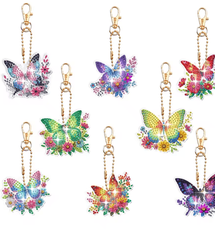 DIY Diamond Art Keychain Set 8 Piece Butterfly and Bird Kit for Adults and Craft Lovers