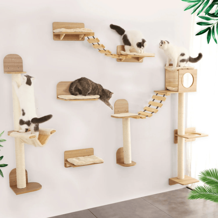 Wall Mounted Cat Climbing Rope with Wooden Steps and Sisal Scratcher for Indoor Cats