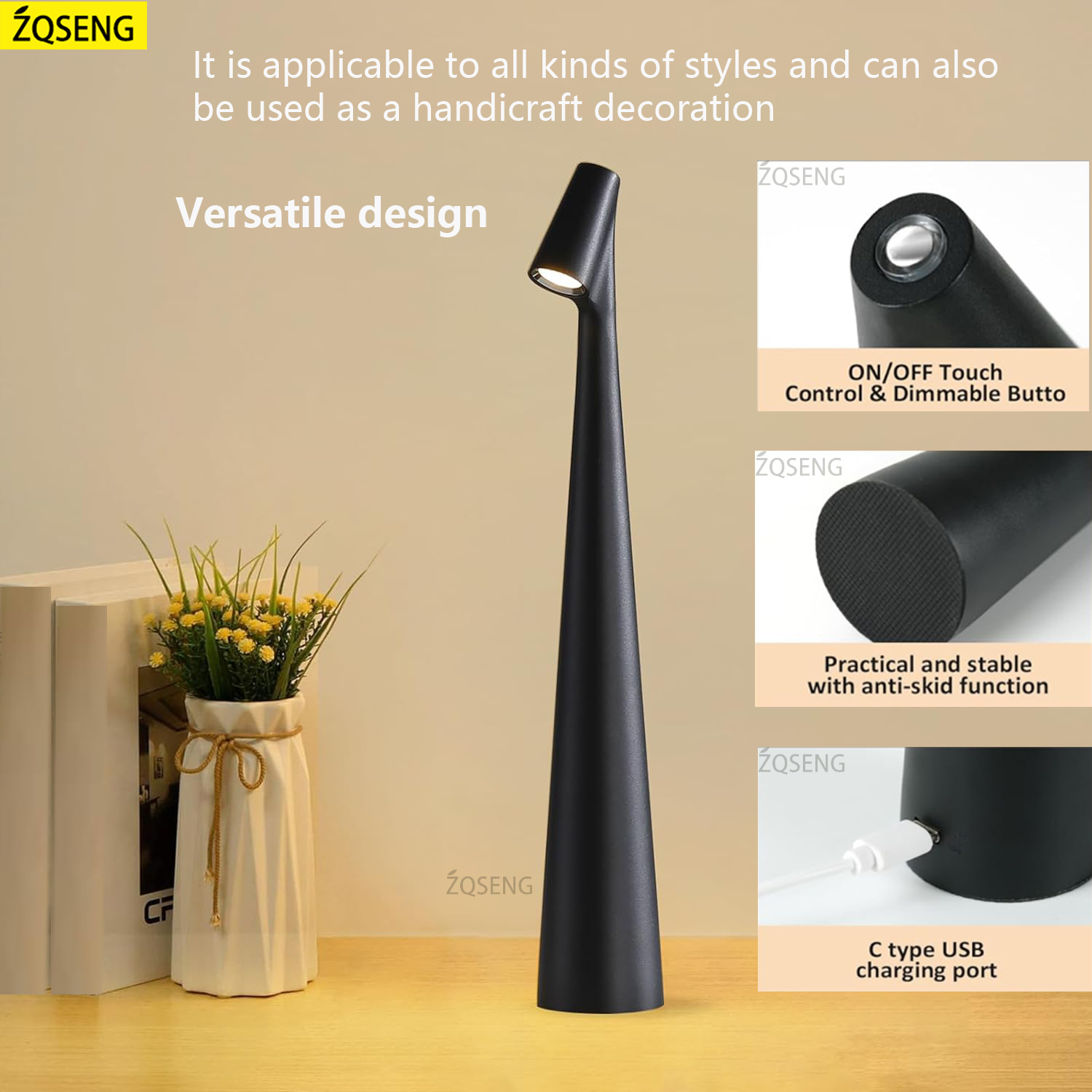 Rechargeable Wireless Table Lamp, LED Touch Sensor, Desktop Night Light for Bedroom, Hotel, Bar Decor