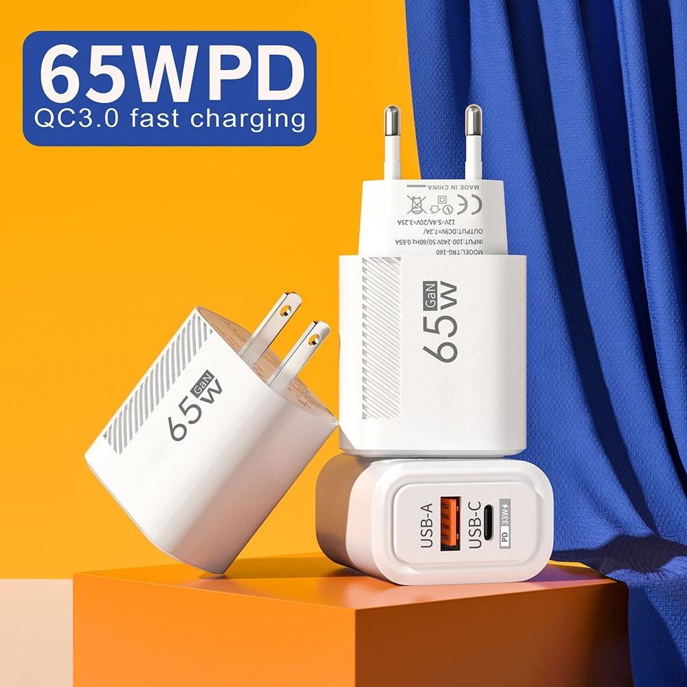 PD 65W GaN USB-C Fast Charger – Quick Charge 3.0 Adapter for iPhone, Samsung, Xiaomi, and Huawei