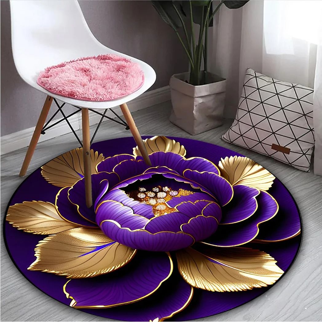 Purple Gold Peony Artistic Round Rug
