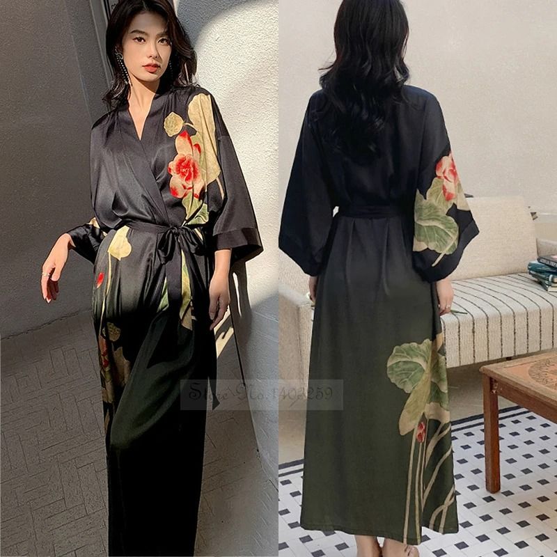 New Spring Summer Female Long Robe Set – Sexy Flower Print Kimono & Silk Satin Casual Lounge Wear