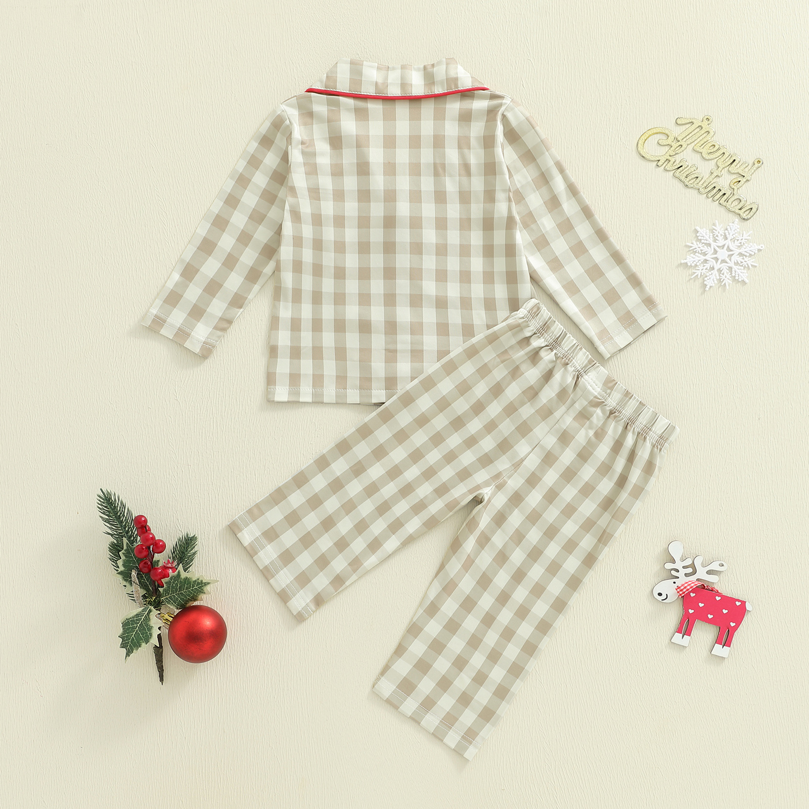 Christmas Infant Baby Plaid Pajamas Sets 2 Piece, Toddler Gingerbread Embroidery Lapel Long Sleeve Tops, Pant Loungewear