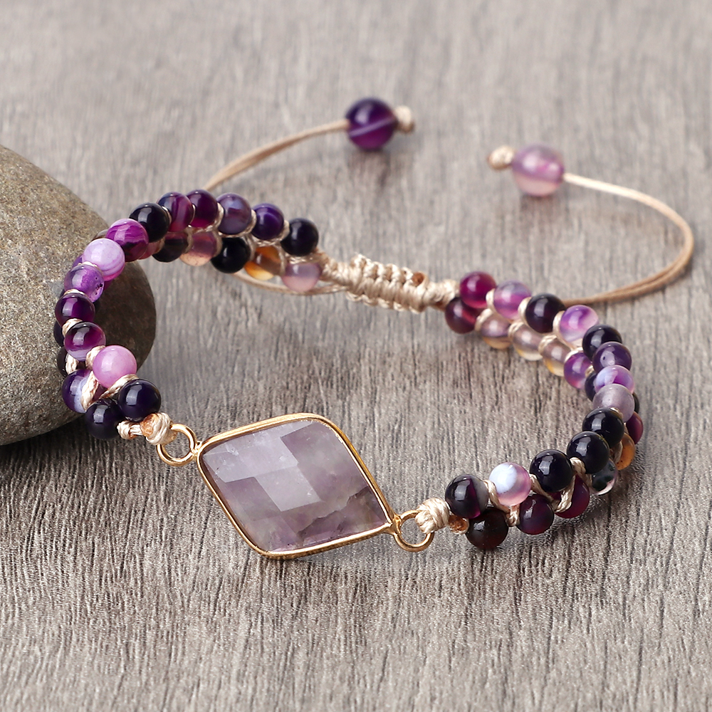 Purple Crystal Agate Stone Wrap Bracelet, Yoga Beaded Charm Bracelet for Women and Men, Bohemian Jewelry Gift