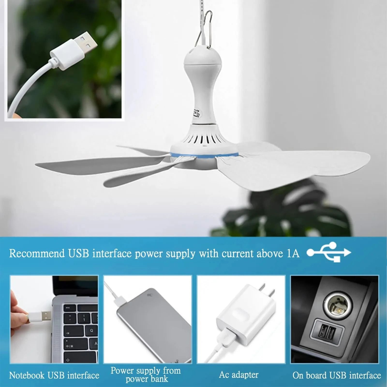 USB Powered Silent 6 Blade Ceiling Canopy Fan with Remote Control