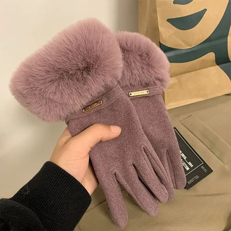 Women Winter Touchscreen Suede Gloves with Plush Cuff and Fleece Lining