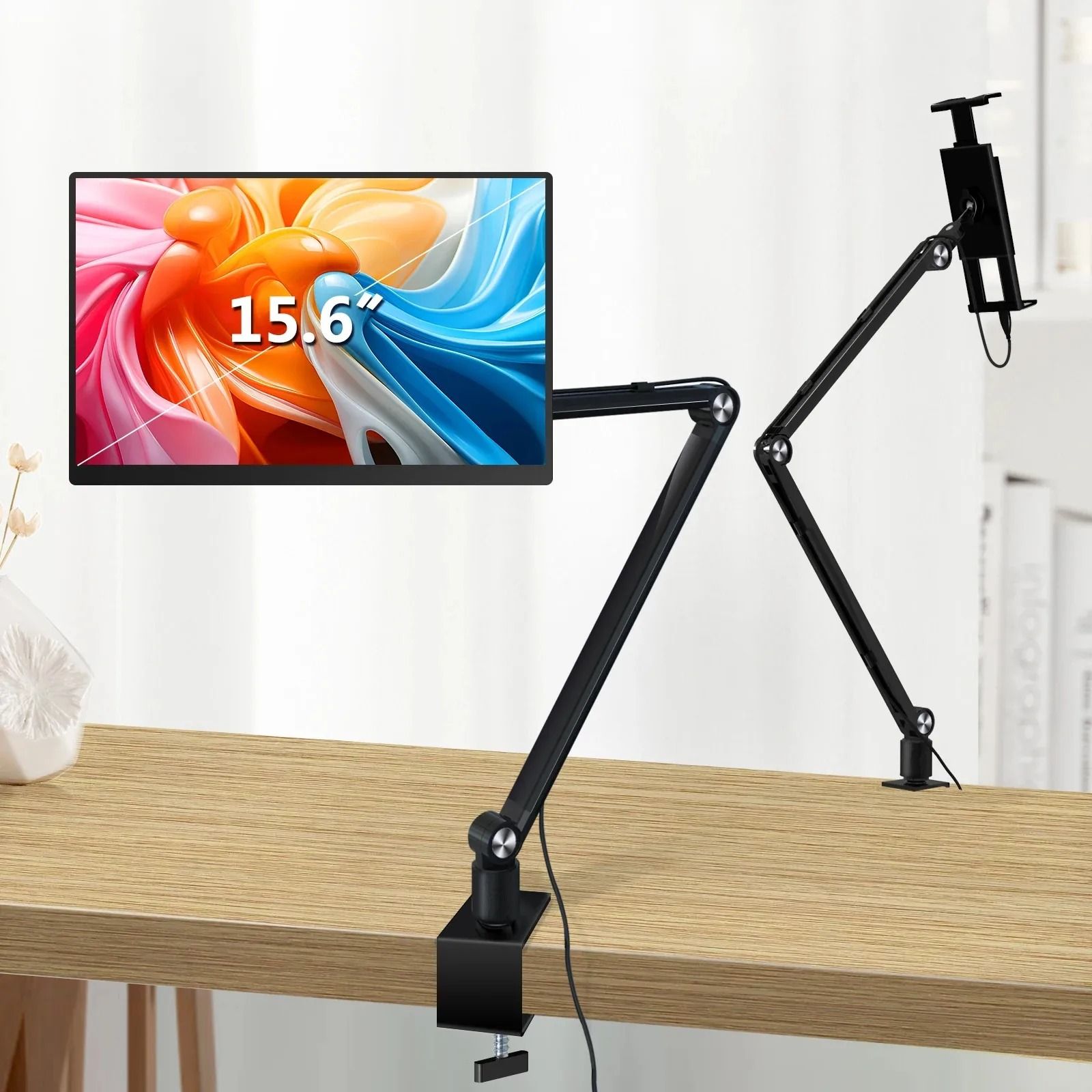 Portable Monitor Stand with Adjustable Aluminum Arm Rotating Tablet Holder for Desk