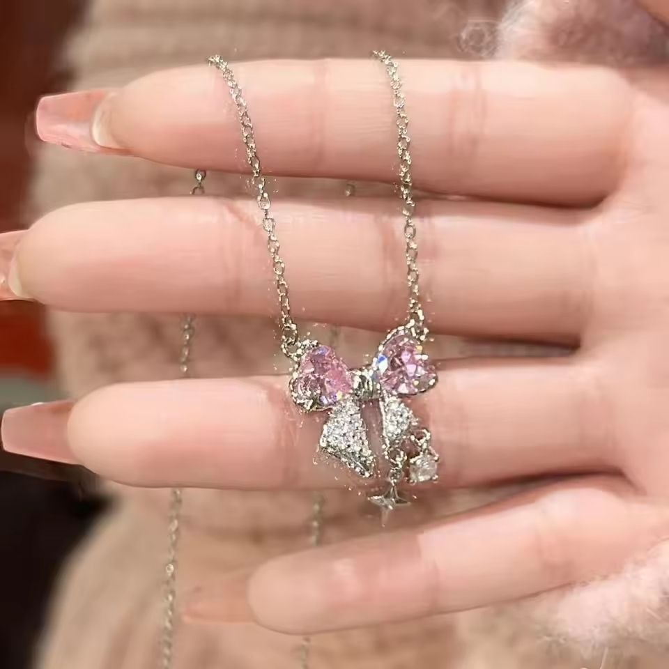 Sweet Pink Bow Pendant Necklace