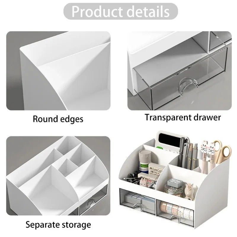 Desktop Storage Box Organizer with 6 Compartments and 2 Drawers – Desk Stationery and Makeup Storage Case