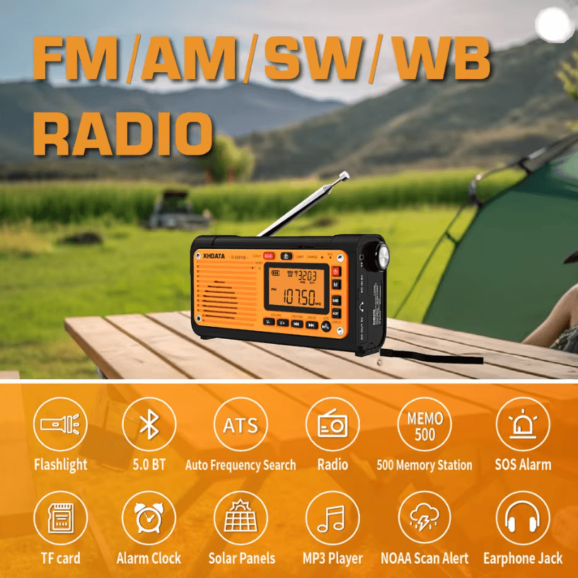 XHDATA D608WB Emergency Weather Radio with Crank Charger Bluetooth and NOAA Alert