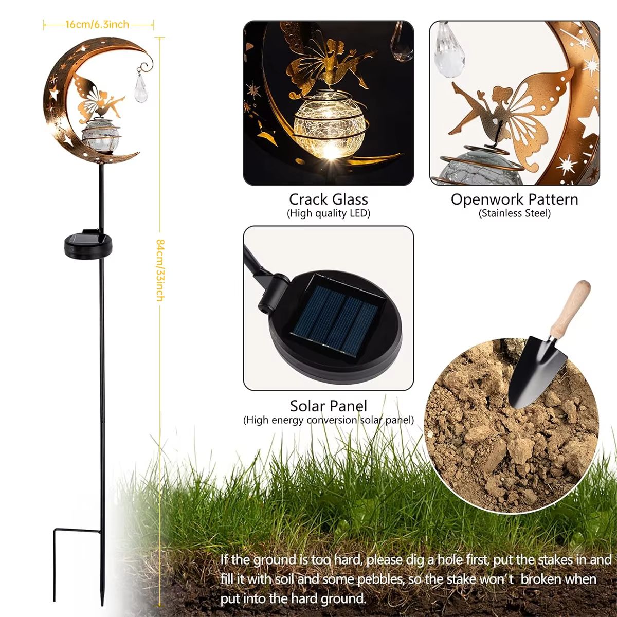 Whimsical Moon Fairy Solar Garden Stake Light | Crackle Glass Globe