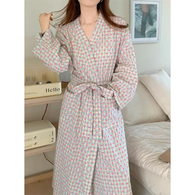 Love Plaid Long Kimono Robe Set – Professional V-Neck Bathrobe & Lace-Up Trousers Nightgown
