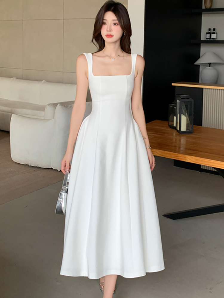 Elegant Luxury Dance Party Dress for Women, New White Square Collar Sling Sexy Long Dress, Summer Korean Vintage Bodycon