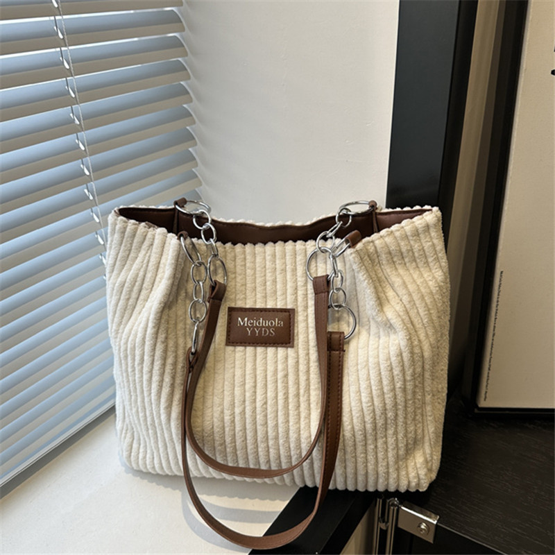 Chic Corduroy Tote Bag for Women Spacious Shoulder Handbag with Trendy Chain & Leather Accents