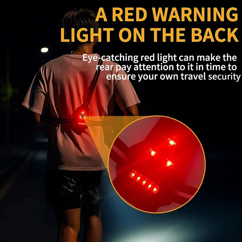 USB Rechargeable LED Chest Front Multi-Lamp Red Warning Night Running Light Triangle Reflective Strap Adjustable Angle