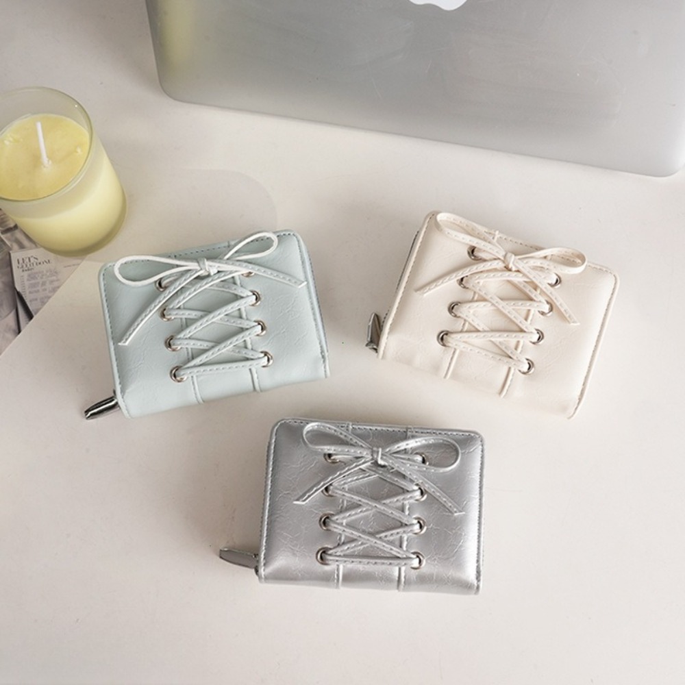Simple Style Bow Wallet Ultra Thin Zipper PU Leather Card Holder Multi function Clutch Travel Coin Purse for Women