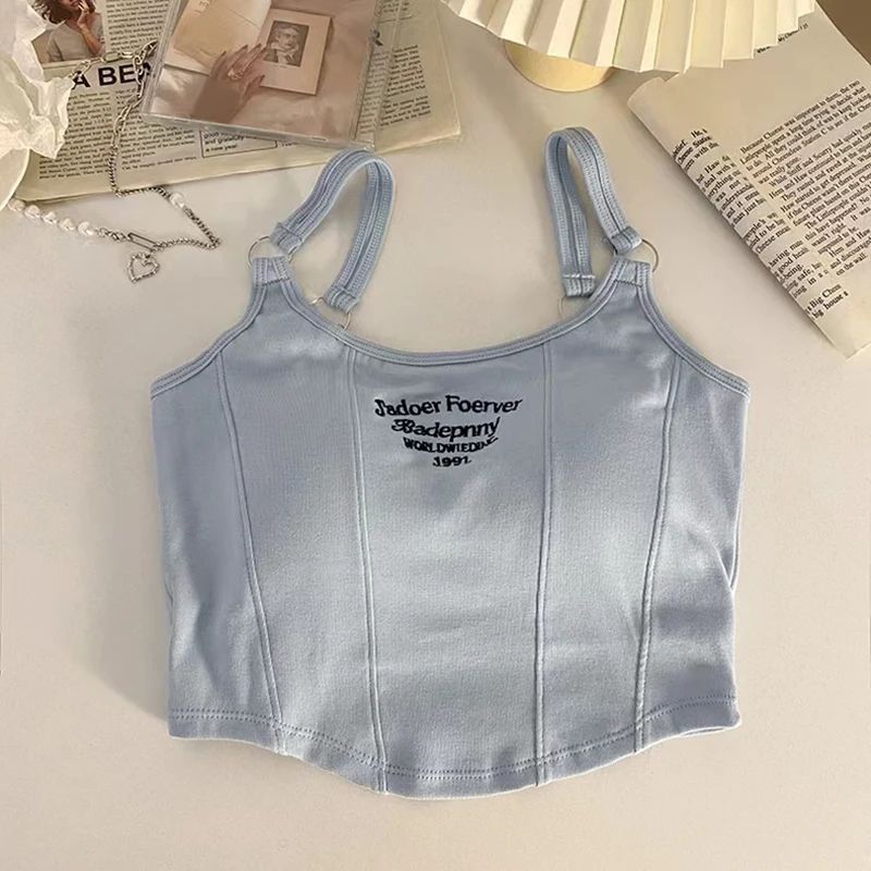Y2K Shoulder Belt Iron Ring Crop Tank Top with Built-In Bra Pad – Embroidered Letter Slim Fit Cami