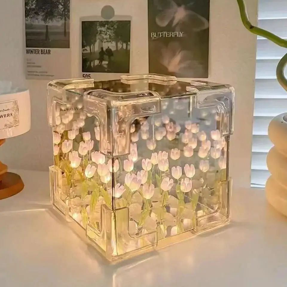 Flower Sea Cube Small Night Lamp Creative Diy Tulip Nightlight Decor Valentine's Day Birthday Gift