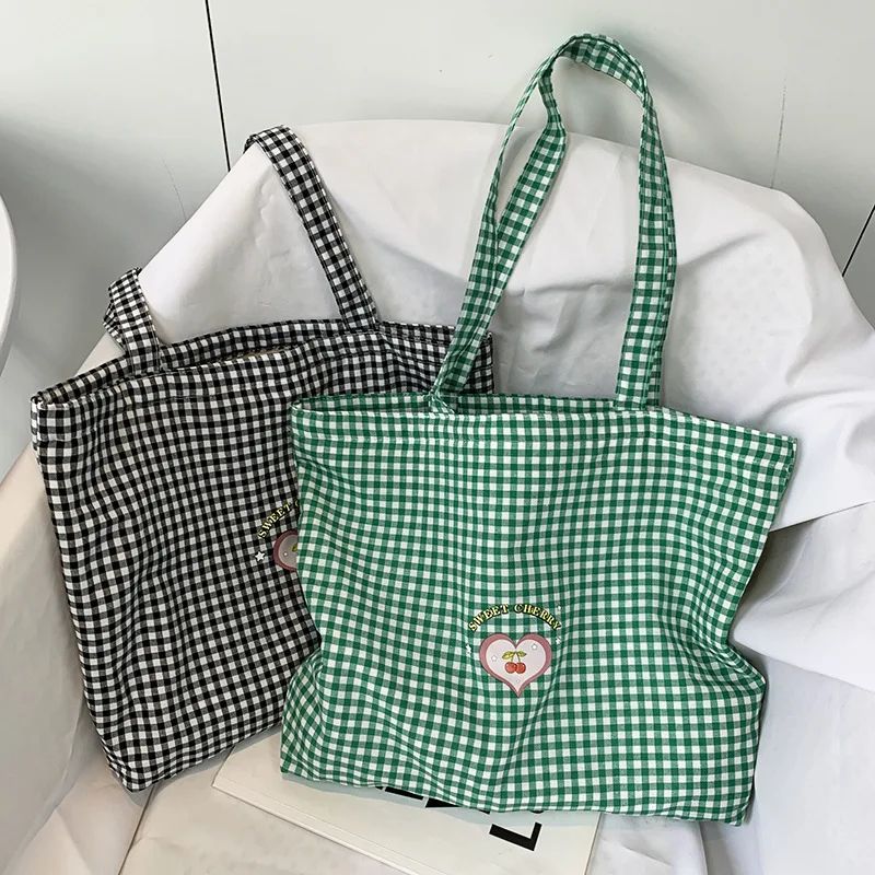 Retro Plaid Canvas Tote Bag for Women Zipper College Shoulder Shopping Bag