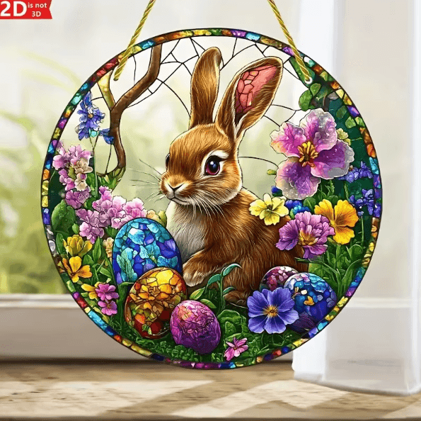 Acrylic Easter Bunny Window Hanging – 2D Suncatcher Decor with Eggs & Flowers for Spring Home & Garden