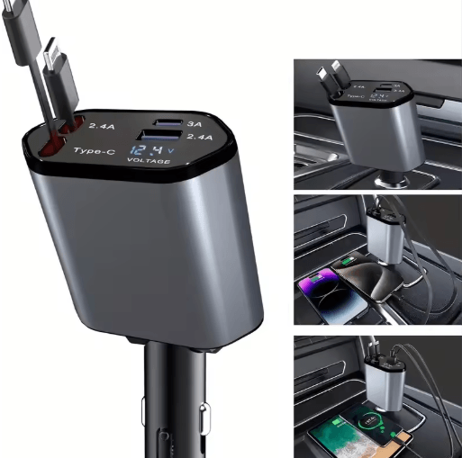 4-in-1 120W Retractable USB-C Car Charger Adapter with Fast Charging Cables