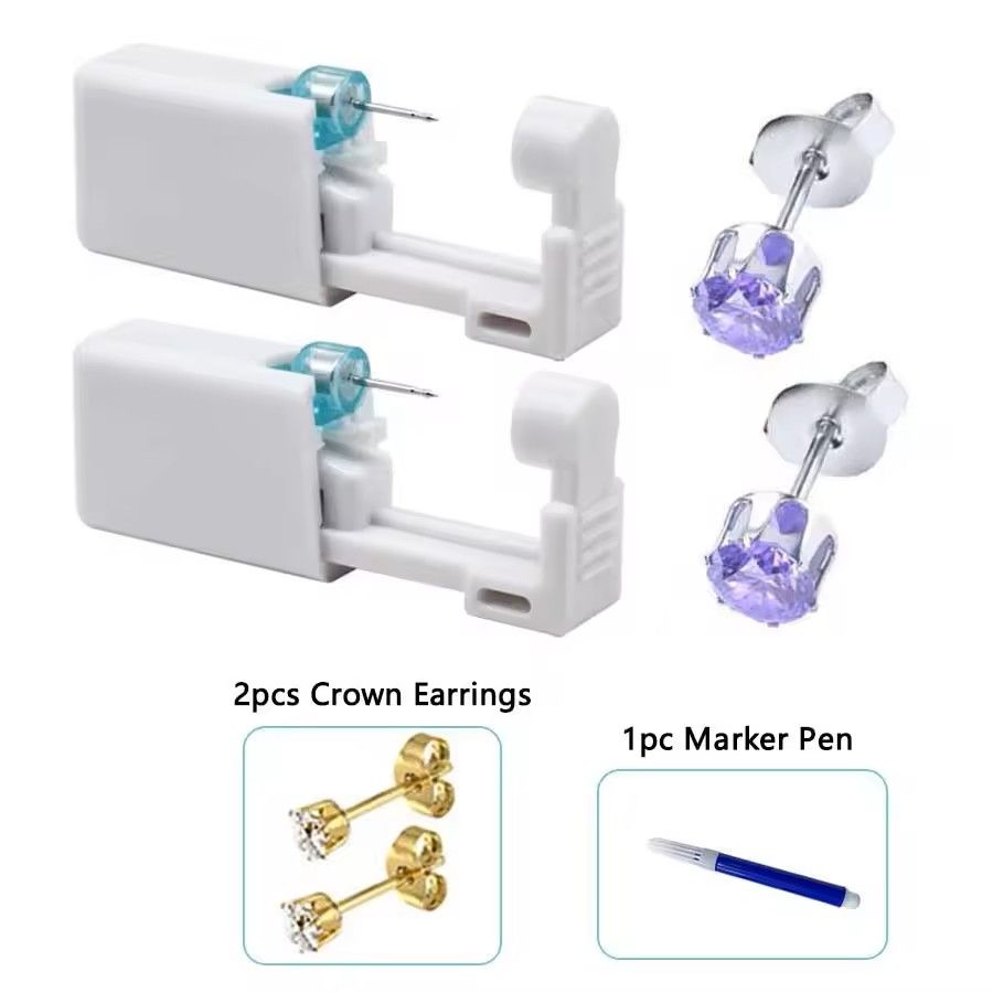 2PCS Disposable Ear Piercing Kit – Built-in Stud Guns + Bonus Cubic Zirconia Earrings | Safe & Easy Home Use Tool