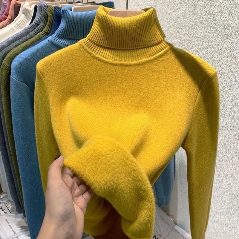 Elegant Thicken Velvet-Lined Turtleneck Sweater – Slim Knit Pullover & Warm Winter Jumper