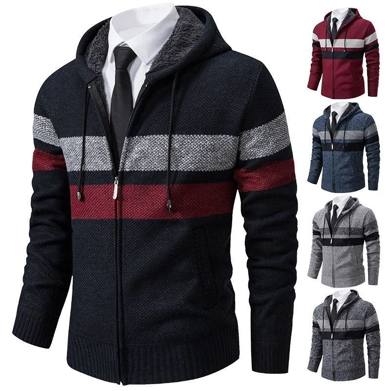 Mens Warm Striped Hooded Knit Cardigan for Autumn and Winter