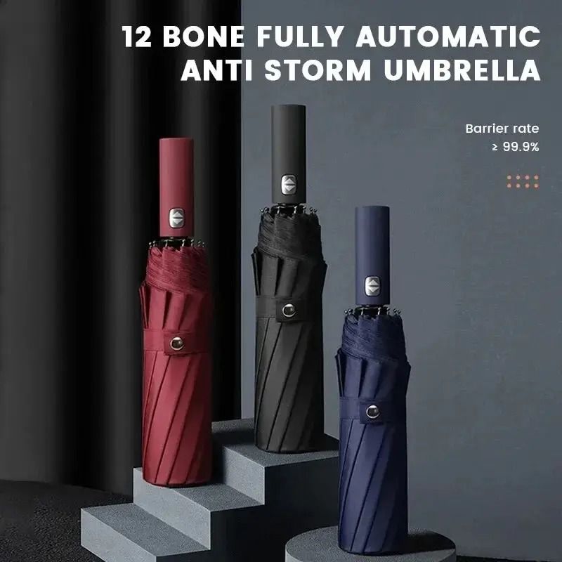 12-Bone Fully Automatic Heavy-Duty Umbrella – UV Resistant & Windproof Folding Design