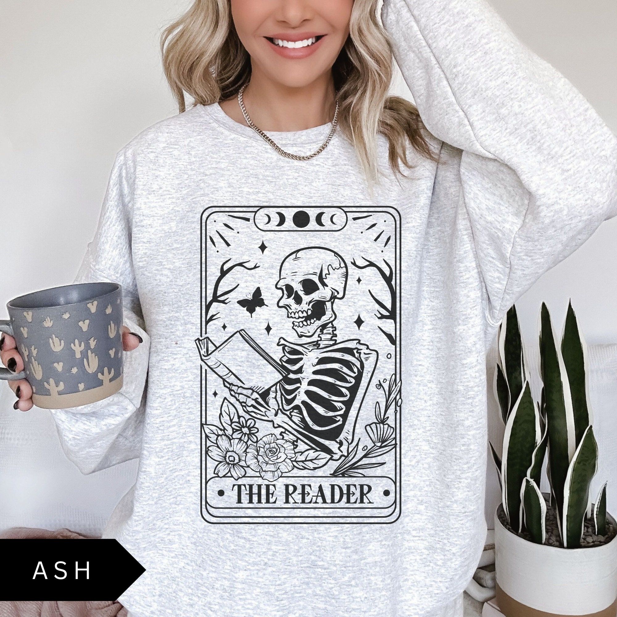 The Reader Tarot Card Sweatshirt, Book Lover Gift, Bookish Shirt, Skeleton Reading Shirt, Tarot Card Sweatshirt