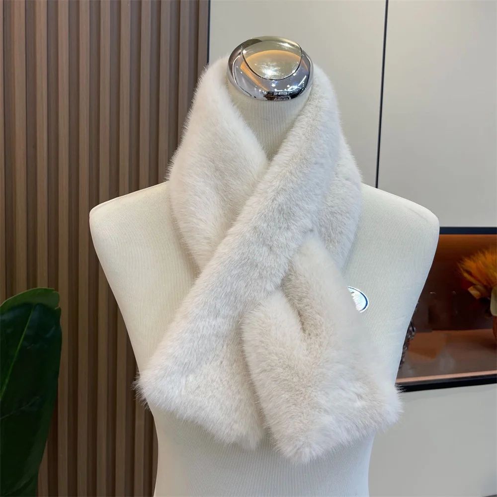 Luxury Faux Rabbit Fur Cross Collar Scarf – Women's Thick Winter Furry Neck Warmer