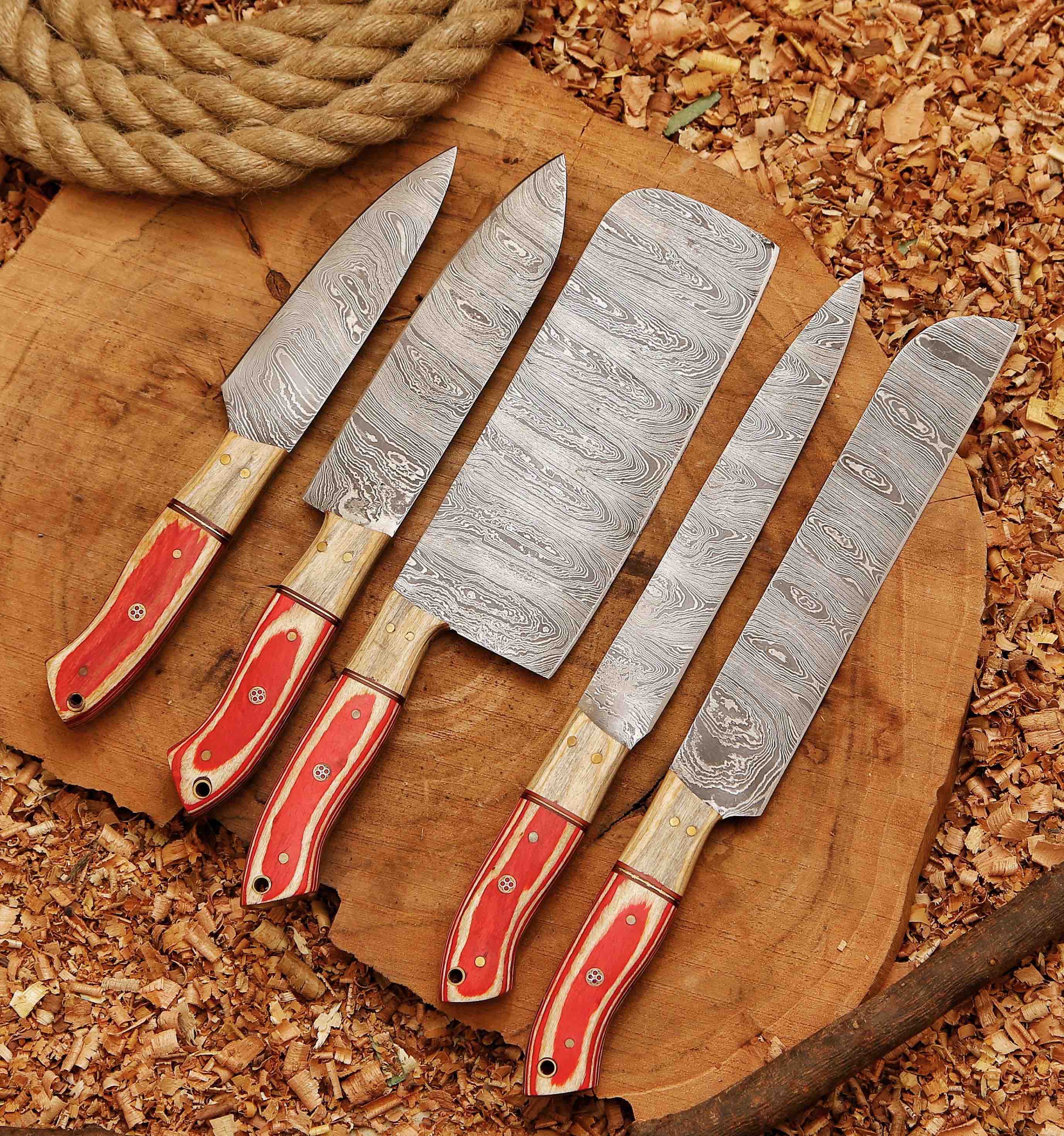 Forged Carbon Coated Steel Chef Set 5Pcs with Leather Roll Kit, Handmade Kitchen BBQ Set, Birthday