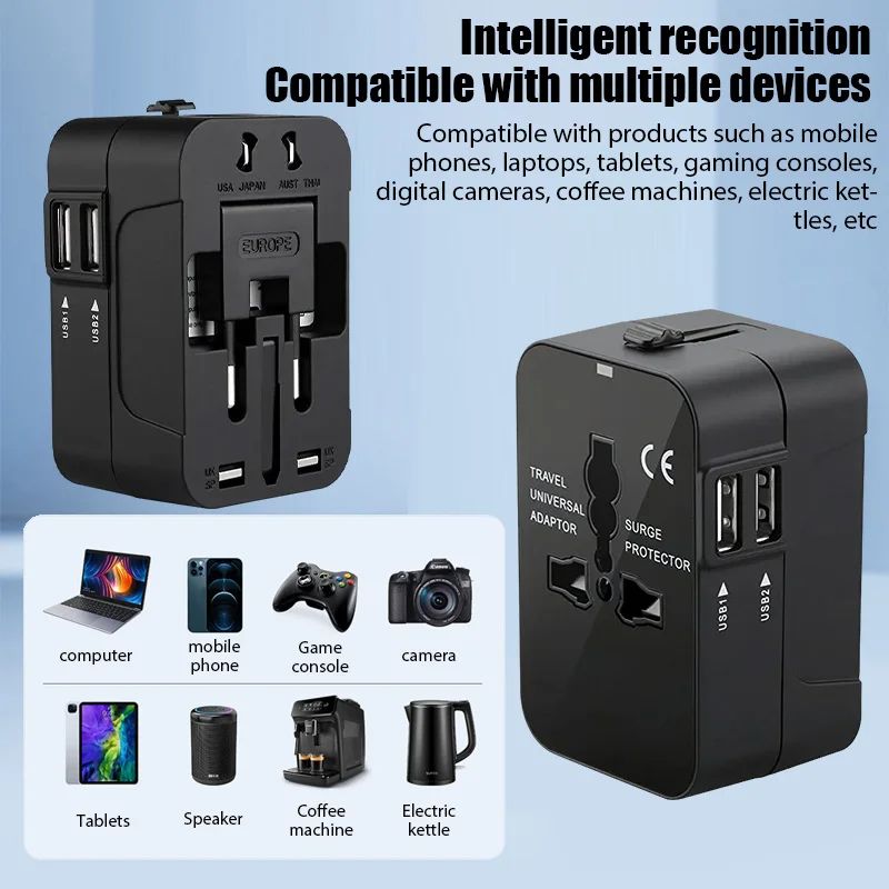 Global Universal Travel Plug Adapter with USB Sockets, AC Power Converter Featuring Child Safety Lock & Protective Cover