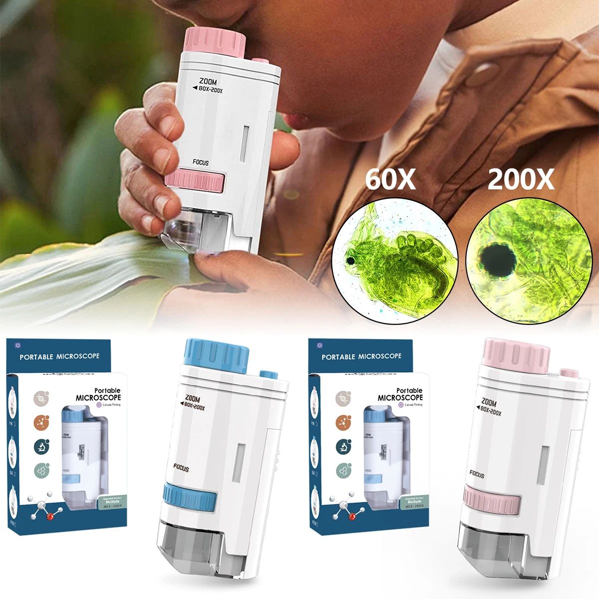 Kids Pocket Microscope 60 to 200x Handheld Mini Microscope for Outdoor Learning and Science Exploration