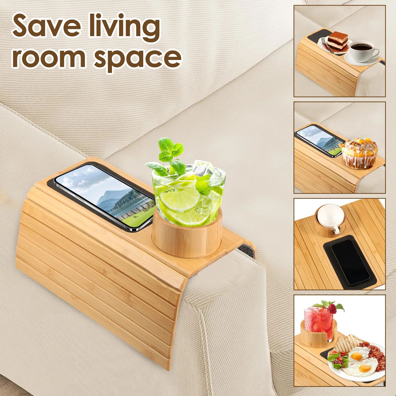 Bamboo Sofa Armrest Cup Holder Tray