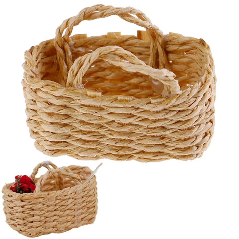 Mini Rattan Dollhouse Basket Handwoven Miniature Storage Decor for 1 12 Scale Dolls
