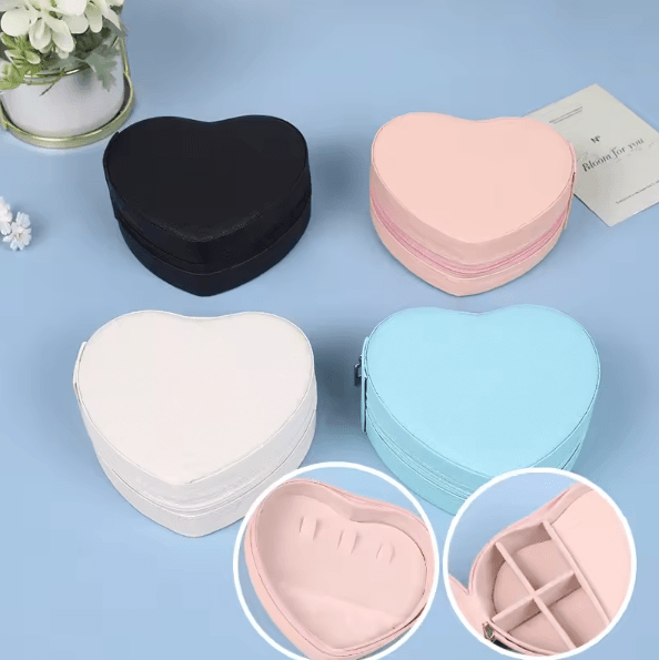 LuxeHeart Heart Shaped Jewelry Box Travel Organizer Leather Zipper Case for Rings Earrings Necklace Portable Storage